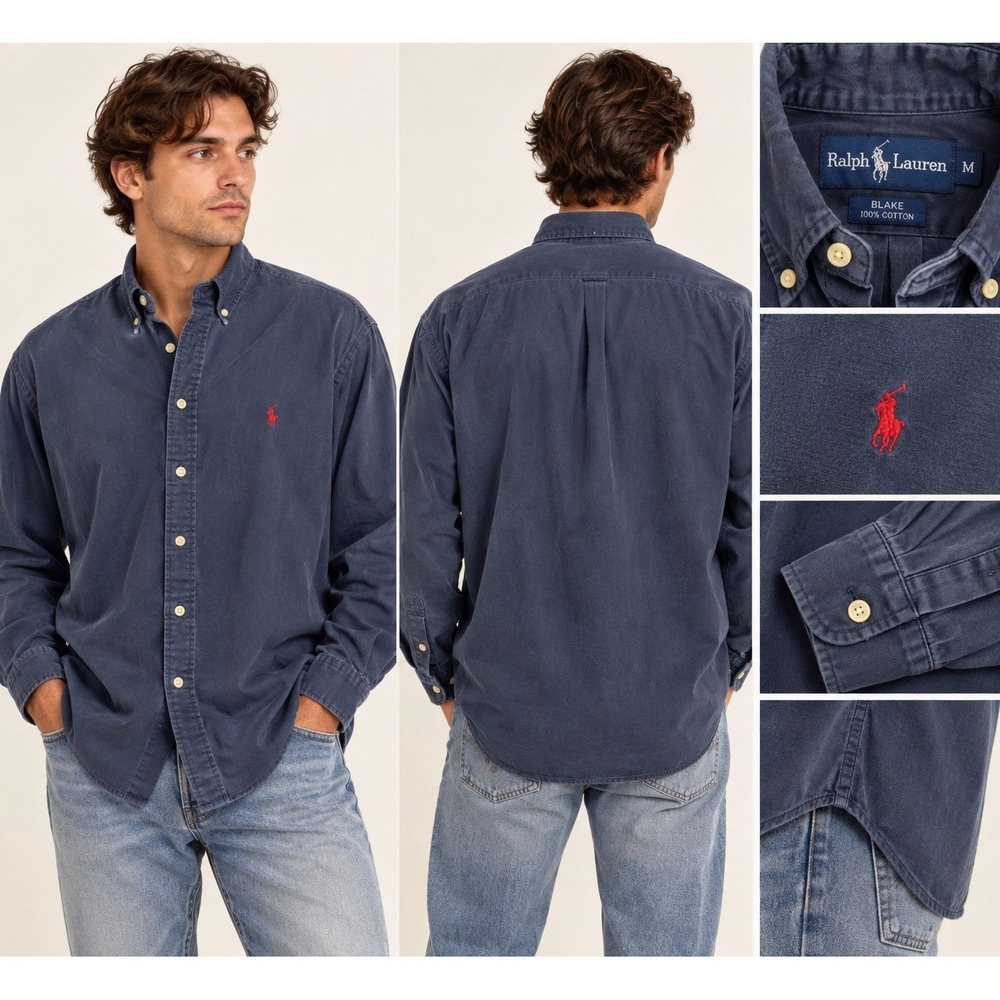 Ralph Lauren Blake Shirt Mens M Navy Blue Red Pony Cotton Button Down Vintage